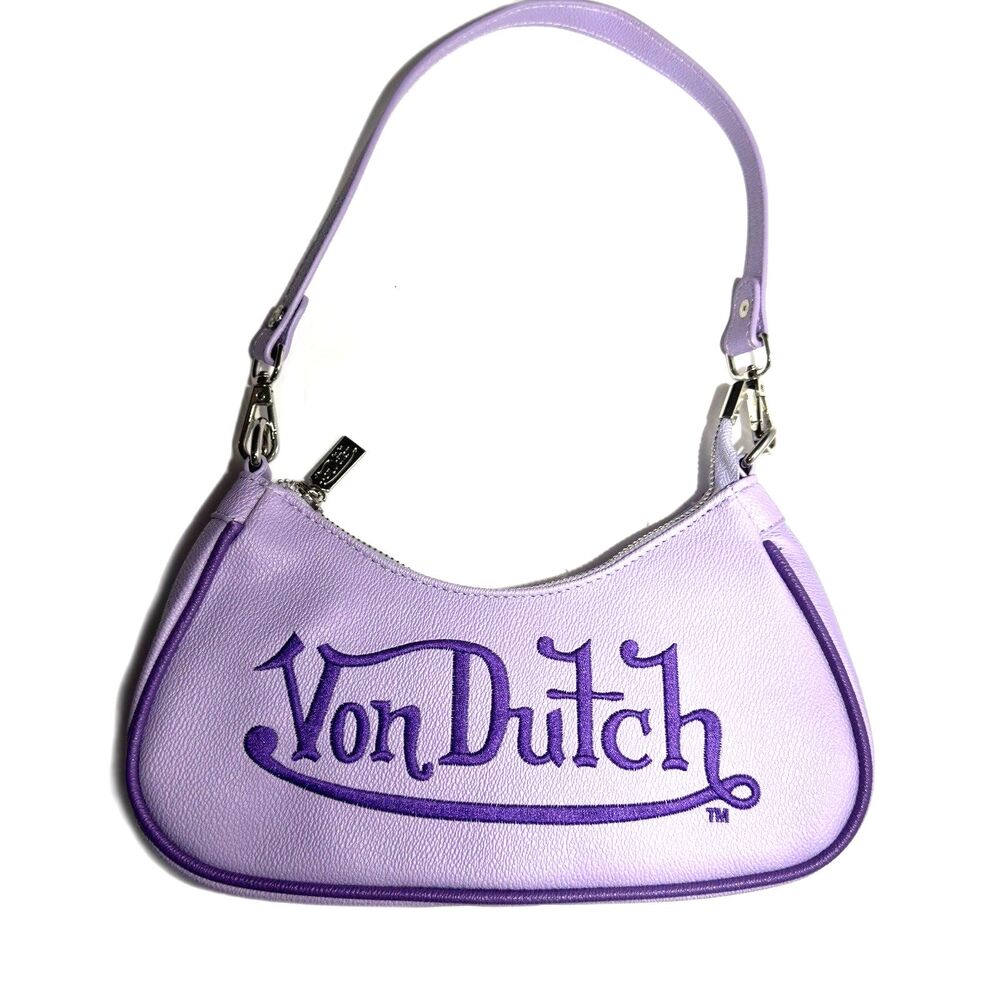 Von Dutch Lavender Purple Faux Leather Shoulder Bag Small Purse Y2K NWOT 10x4 in